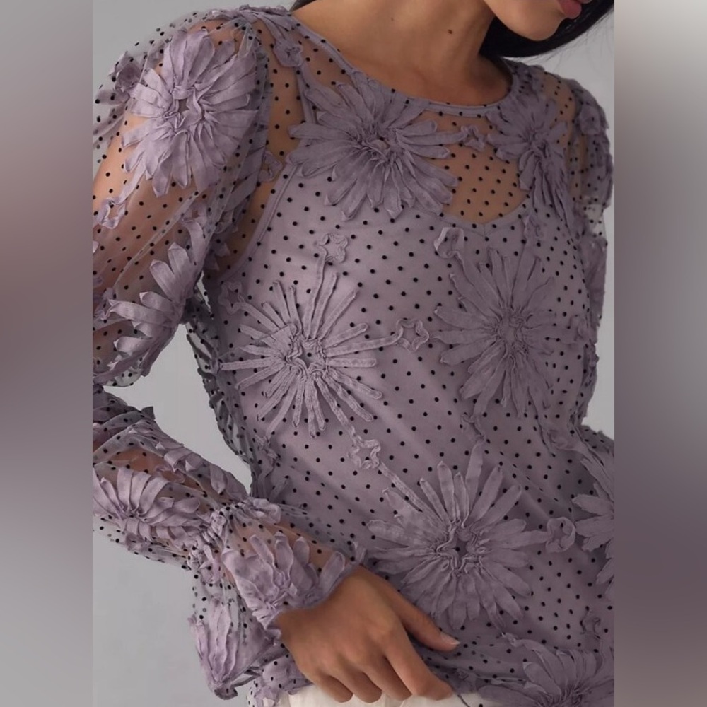 Anthropologie X Eva Franco Lace Polka-dot Floral Sheer Lavender Blouse Top SZ S